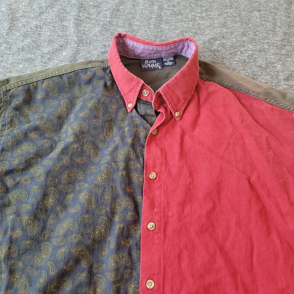 VTG Bon Homme Shirt Men's XL Paisley Colorblock Button Down Cotton Made‎ in USA